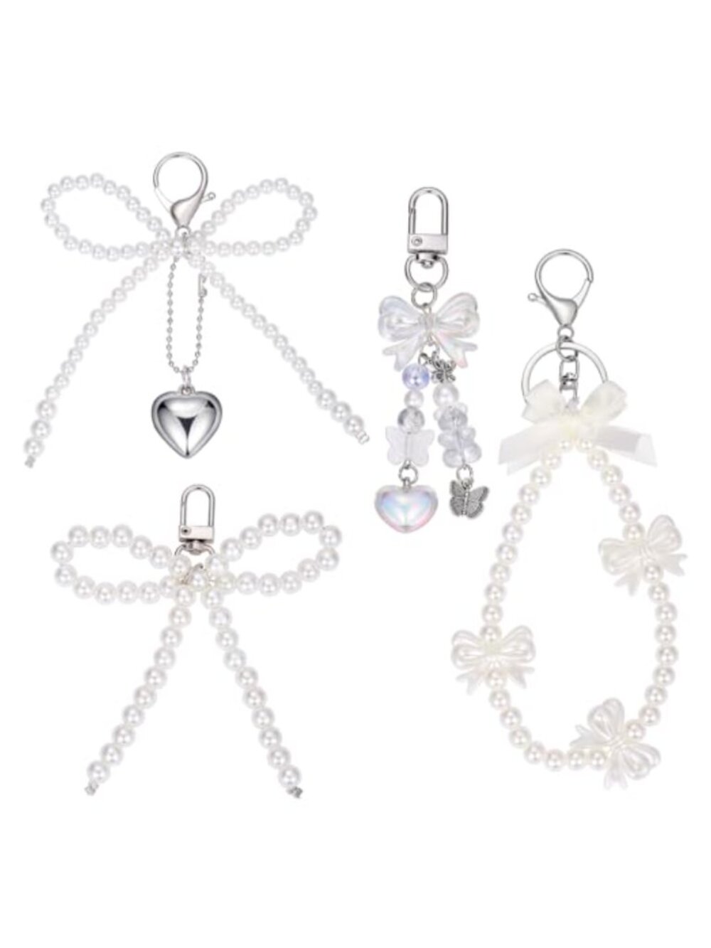 4 Pc Bow Pearl Keychain Set Acrylic Alloy Resin Bag Charms